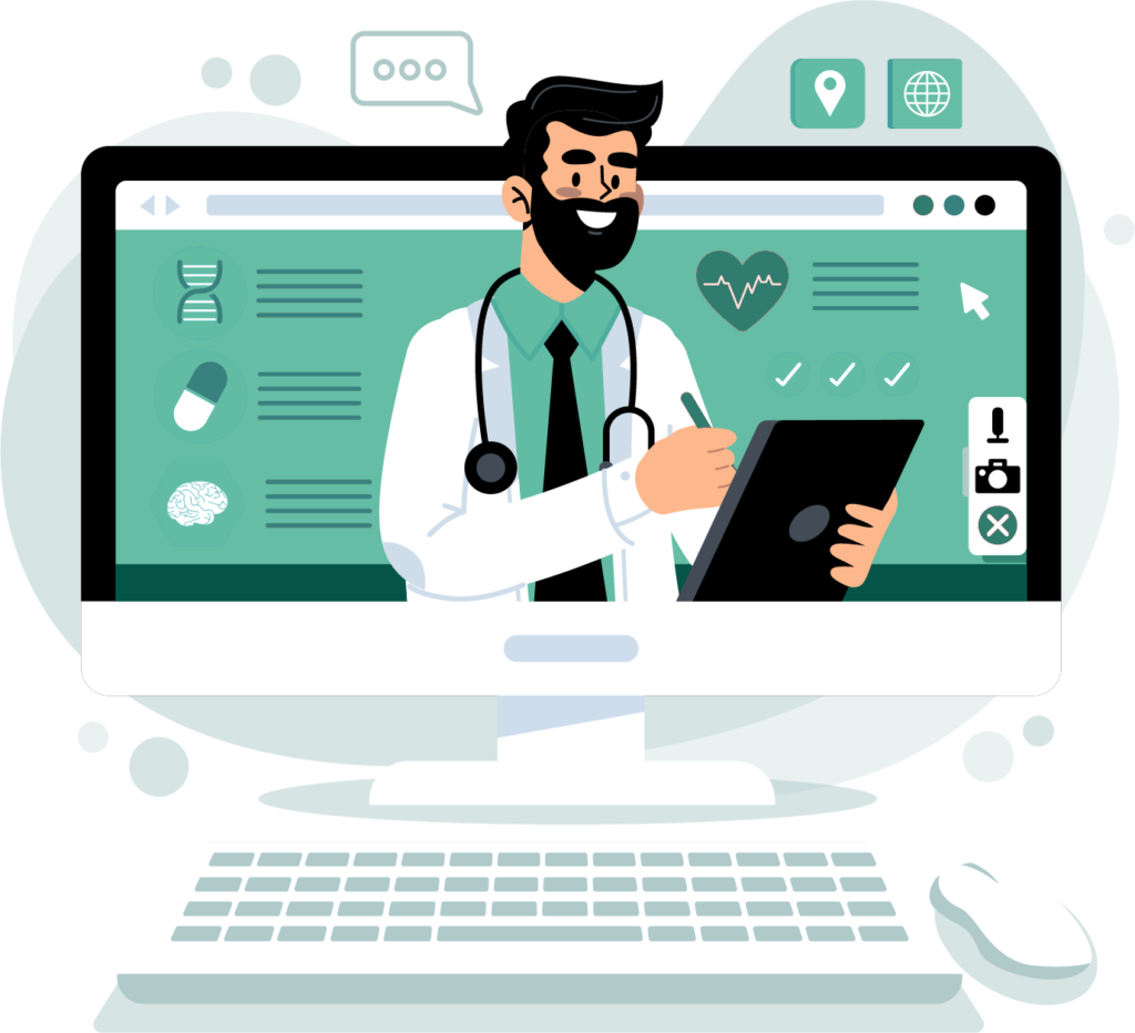 Auf diesem Bild sieht man einen Arzt, der in einem Computer ist. Hier soll der Besucher der Webseite direkt darauf hingewiesen werden, dass ich Webseiten für Ärzte baue